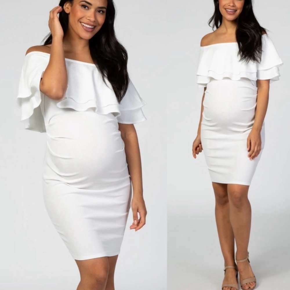 PinkBlush White Off Shoulder Ruched Maternity Dress